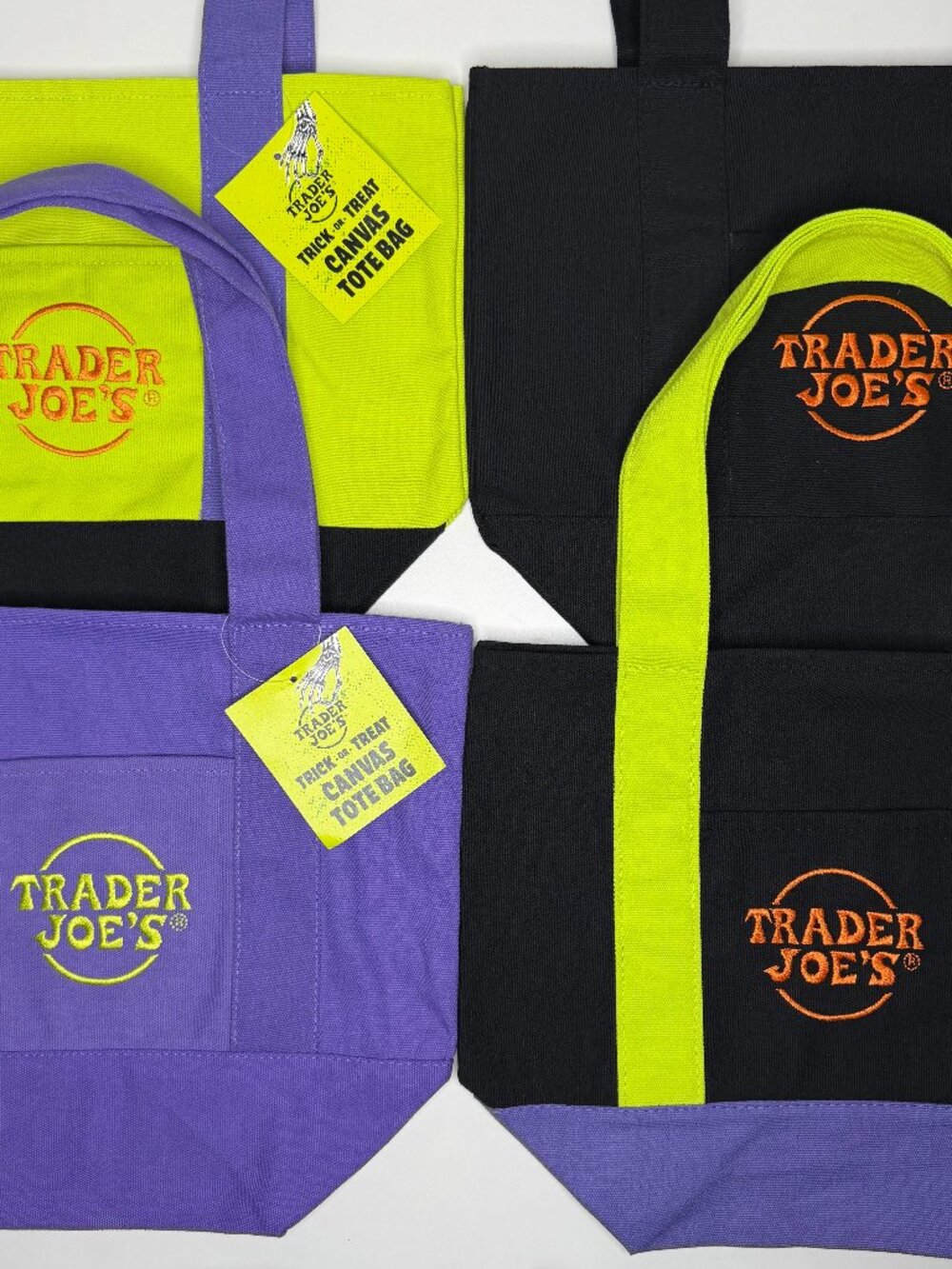 SET OF 4! Trader Joe’s 2026 MINI HALLOWEEN Tote Bags — Black Purple Green Orange